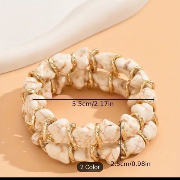 Stone bead stretch bracelet white and gold - Picture 4 of 9